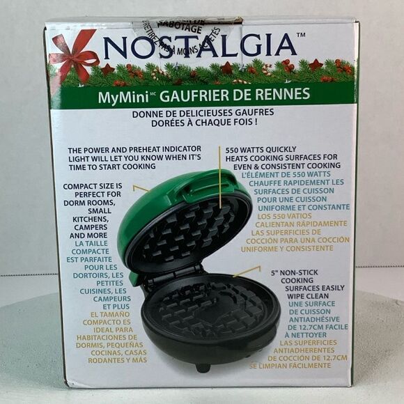 New! Nostalgia My Mini Reindeer Waffle Maker Compact Size 5" Non-stick Surface - Picture 3 of 7